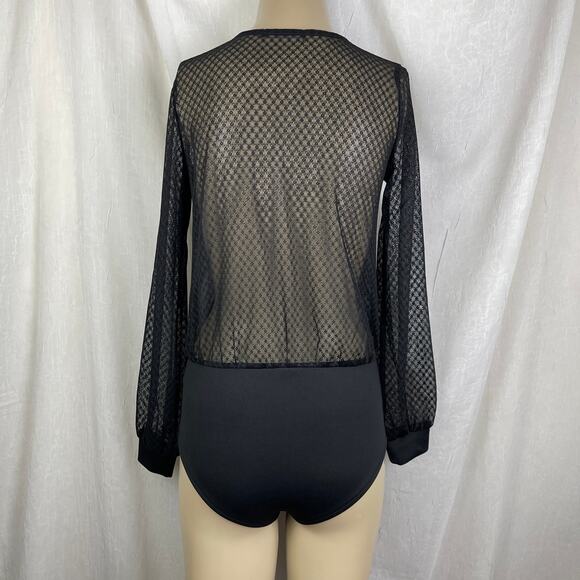 💋 Black Sheer Lattice Crosshatch Lace Bodysuit Long Sleeves Key Hole Forever 21 - Picture 10 of 16